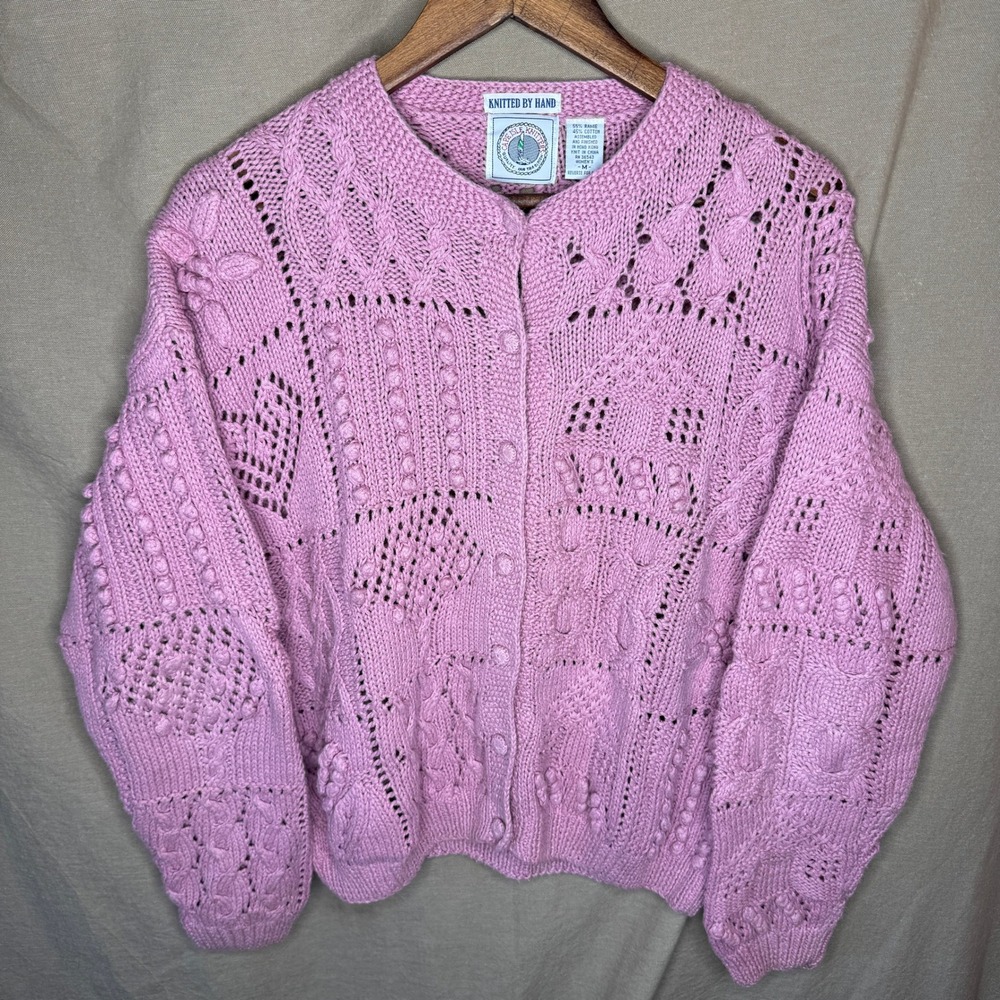 Vintage Cape Isle Knitters Pink Hand Knitted Chunky Cardigan CottageCore Vintage